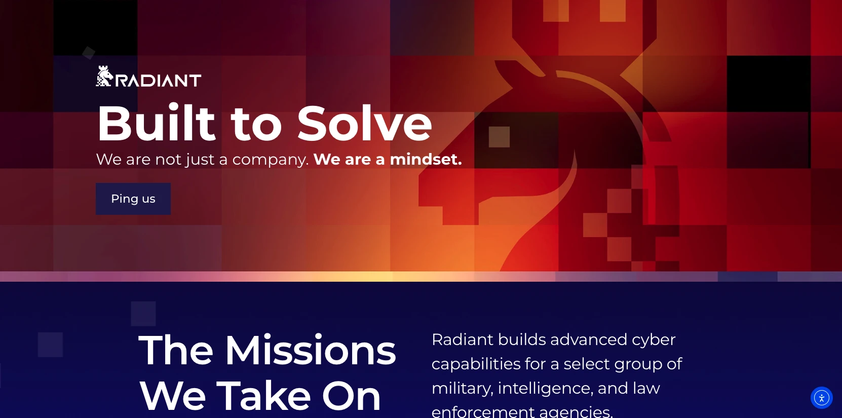 לוגו Radiant עם כותרת "Built to Solve" והטקסט "We are not just a company. We are a mindset." על רקע גרדיאנט אדום וכתום